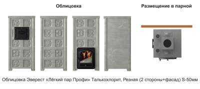 Печь Эверест "Легкий пар Профи" каменка «по-серому», Талькохлорит, Б/В, Резная (2 стор.+фасад)